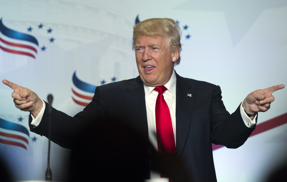 Donald Trump points to the audience Friday after addressing the Faith & Freedom Coalition's Road to Majority conference in Washington, where he touted his opposition to abortion and commitment to religious freedom – issues he rarely discussed during his successful campaign to secure the Republican presidential nomination.