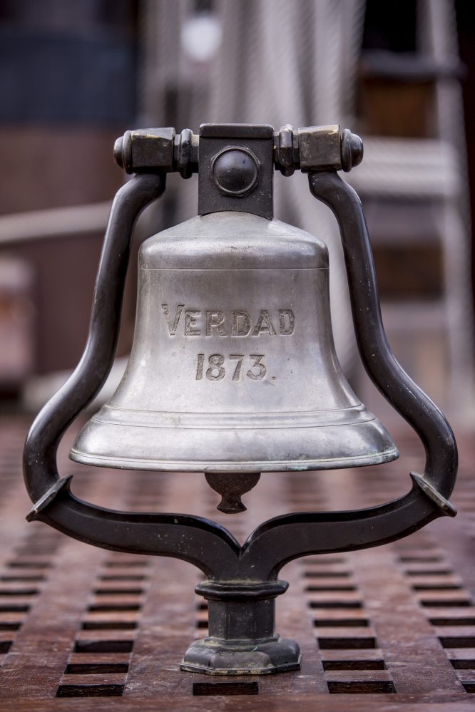 The 19th-century bronze bell retrieved from a Spanish shipwreck will be taken back to the Canary Islands by the tall ship El Galeon.