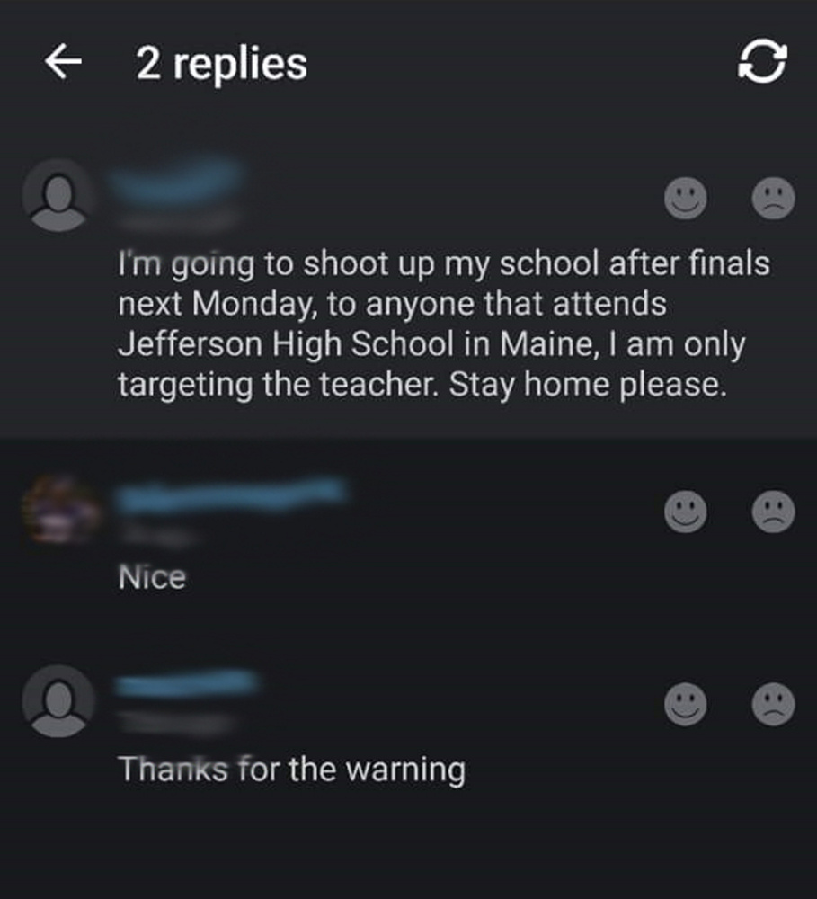 This threat posted online refers to "Jefferson High School in Maine."