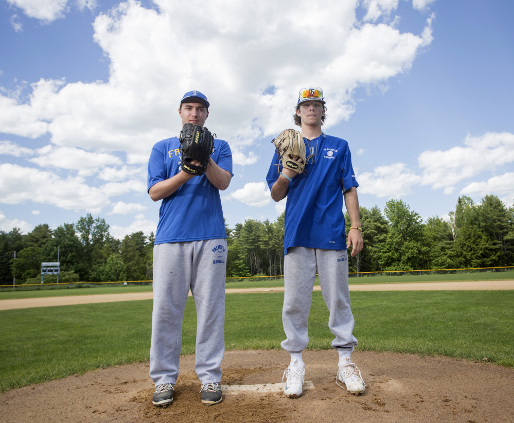 Falmouth pitchers Cam Guarino, left, and Reece Armitage have combined for a 17-0 record this season, including three consecutive one-hitters (two by Guarino) in the Class A South playoffs. The Yachtsmen face two-time defending champion Bangor in Saturday's state final.