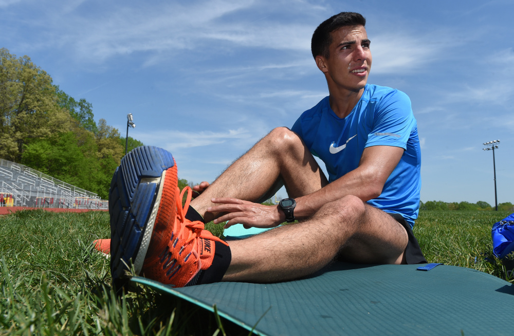 Track and field athlete Donn Cabral of Connecticut trains near his home in Clinton, N.J. Hoping to make it to the Olympics in Brazil this summer, he envisions the finish line during practice.