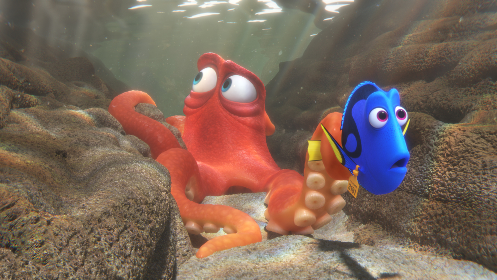 This image released by Disney shows the characters Hank, voiced by Ed O'Neill, left, and Dory, voiced by Ellen DeGeneres, in a scene from "Finding Dory."