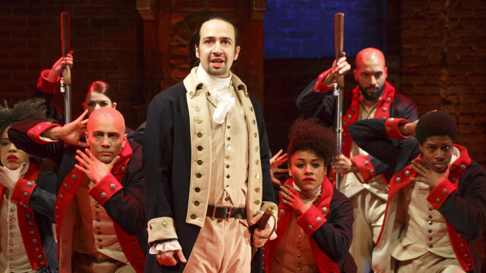 Lin-Manuel Miranda, foreground, created "Hamilton" and stars in the lead role. He'll leave the show July 9, but PBS' "Great Performances" will air footage with the original cast.
