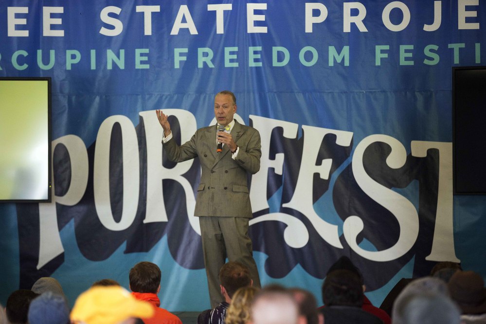 Jeffrey Tucker speaks Wednesday the Libertarian Porcupine Freedom Festival, also called PorcFest, in Lancaster, N.H.