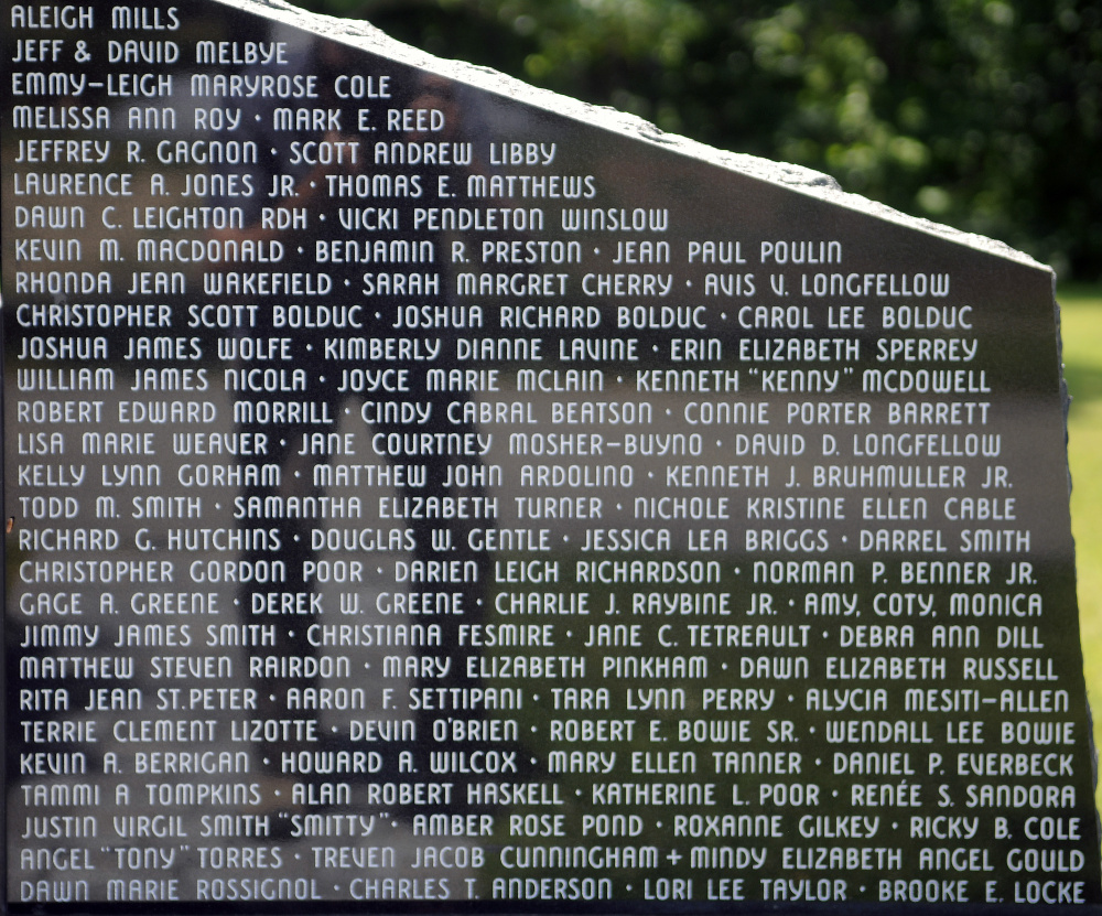 Some of the 107 names on the Maine Murder Victims' Memorial monument in Augusta at Holy Family Cemetery.