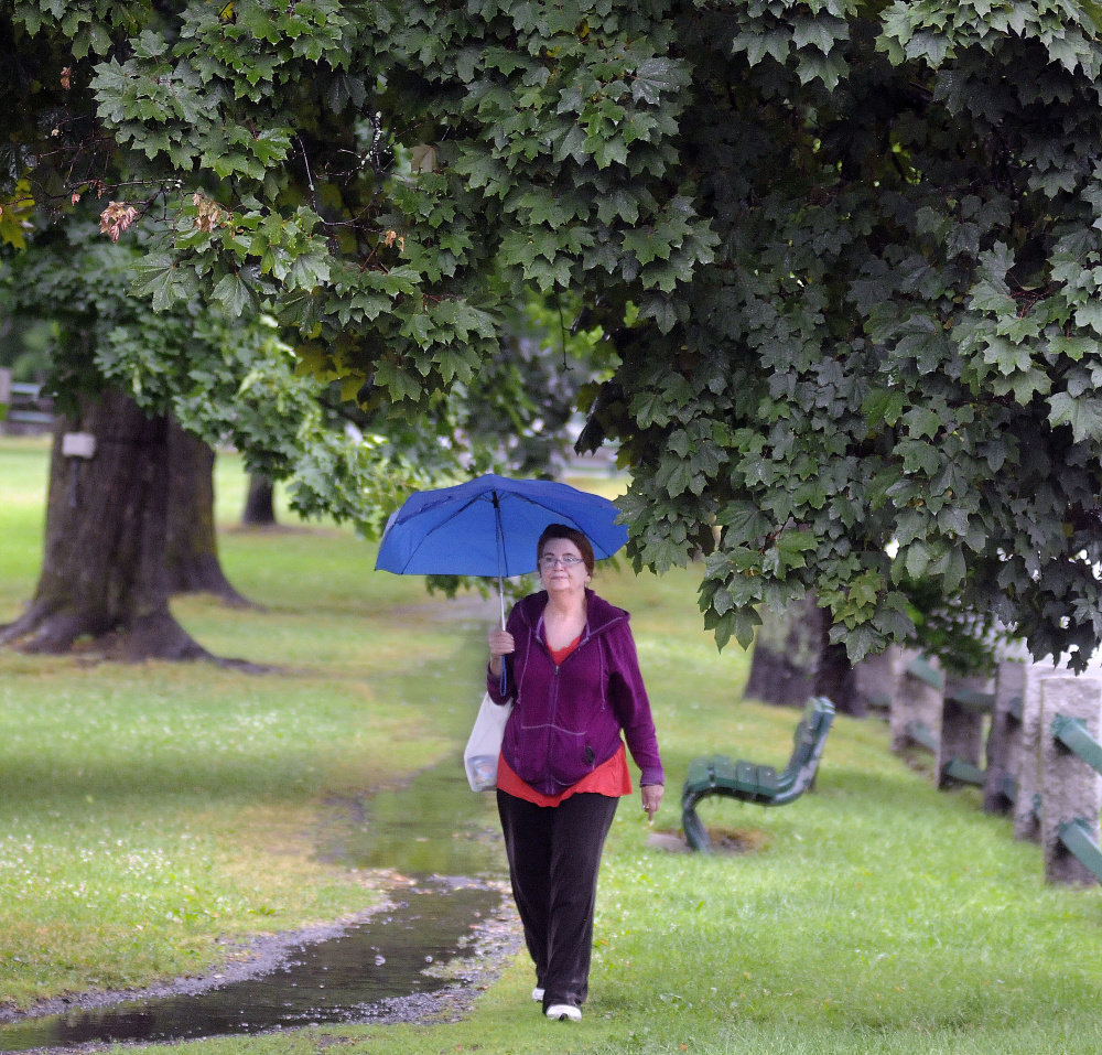 Jaye Chute strolls Wednesday beneath maples during a downpour at the Gardiner Common.