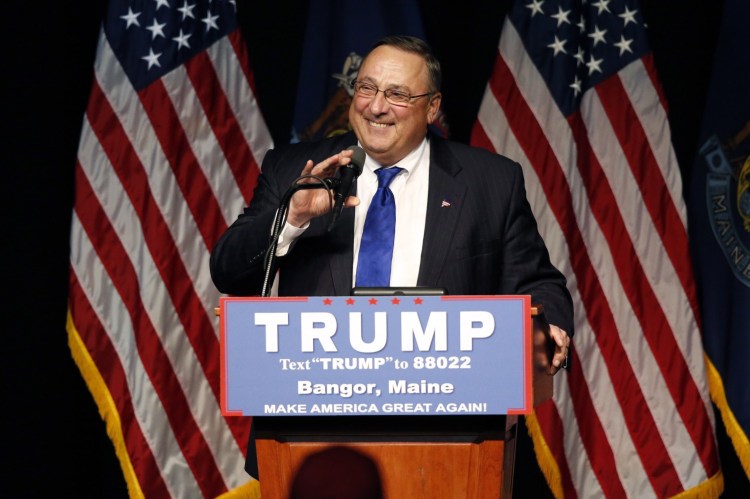 Gov. Paul LePage, seen speaking at last week''s campaign rally for Donald Trump in Bangor, says he won't go to the Republican National Convention in Cleveland unless Trump calls on him for help.