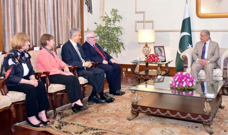 Cape Elizabeth Town Manager Mike McGovern, fourth from left, led a Rotary International delegation to Pakistan this week to discuss with Acting President Raza Rabbani, right, his country’s efforts to help health workers administer polio vaccinations. 
