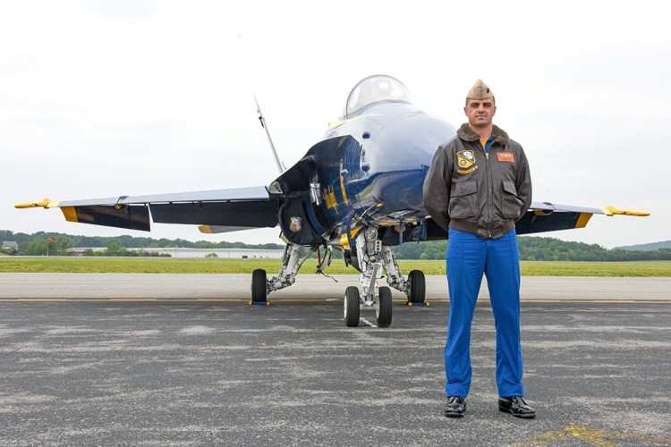 This May 19, 2016, photo shows Marine Capt. Jeff Kuss at an air show in Lynchburg, Va. Kuss was killed when his Blue Angels F/A-18 fighter jet crashed Thursday near Nashville. Matt Bell/The Register & Bee via AP