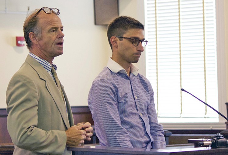Lewiston attorney Allan Lobozzo, left, and  Zachariah Sherburne in Oxford County Unified Court.