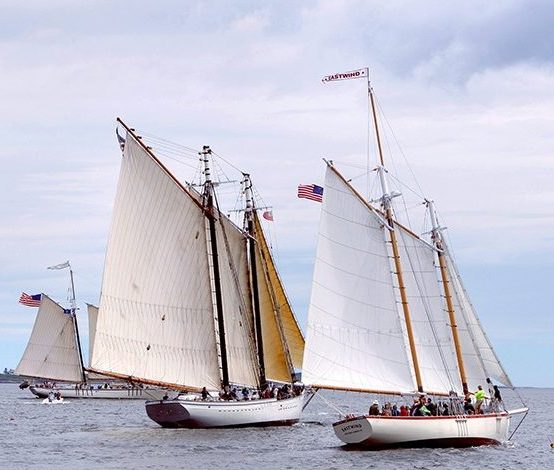 The schooners Eastwind, Spirit of Massachusetts and Harvey Gamage, right to left, sail around Boothbay Harbor in this June 27, 2012 file photograph.