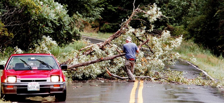 Starks Fire Chief Bill Pressey drags broken limbs from Route 134 in Starks after Monday's storm with strong winds, rain and lightning passed through Somerset County.