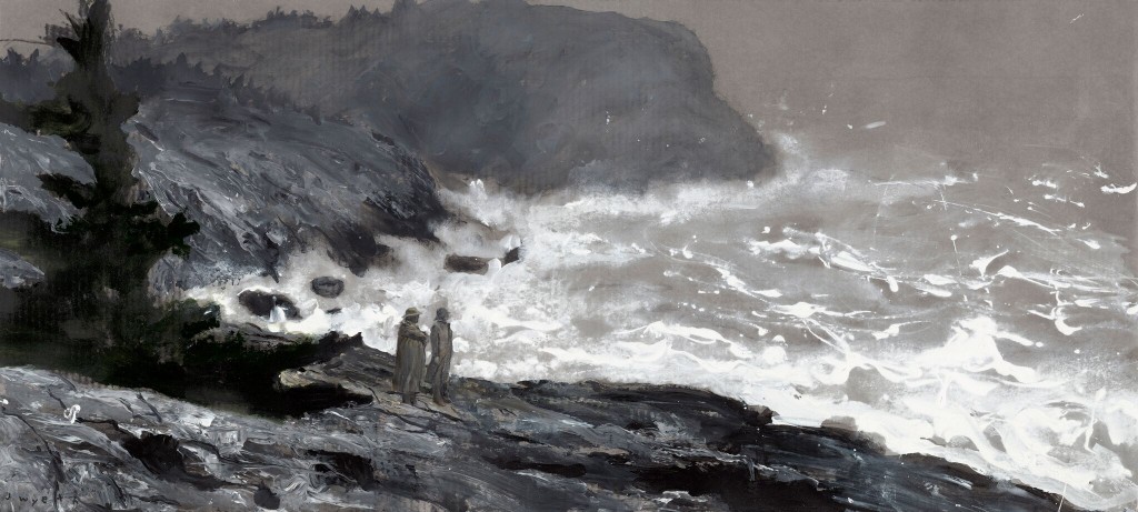"Sea Watchers (Study)," 2009, gouache, gesso, and watercolor on gray archival cardboard, 24” x 53”, courtesy Phyllis & Jamie Wyeth