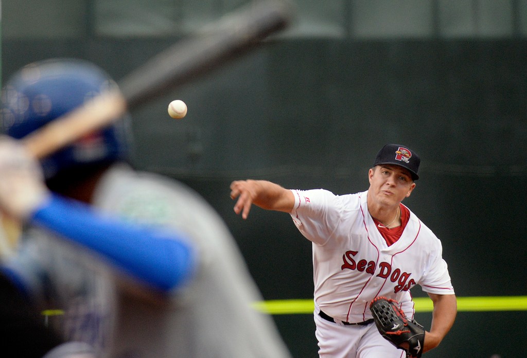 Winning pitcher Kevin McAvoy pitches against the Hartford Yard Goats in the first game Friday at Hadlock Field.
Shawn Patrick Ouellette/Staff Photographer