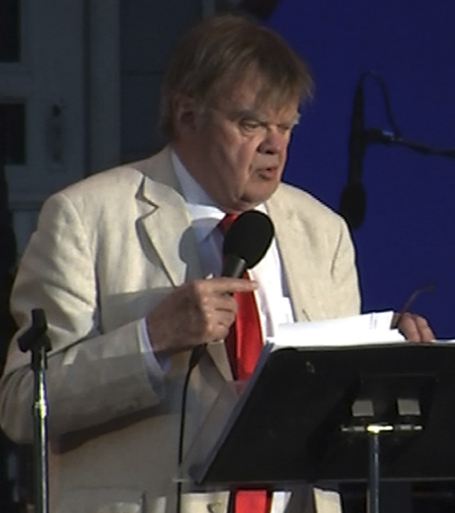 In this image made from video, writer and humorist Garrison Keillor hosts his final broadcast of the weekly radio variety show "A Prairie Home Companion" Friday at the Hollywood Bowl in Los Angeles.