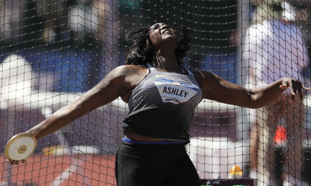 Whitney Ashley captured the discus championship Saturday in the U.S. Olympic trials at Eugene, Oregon, qualifying for the Rio de Janeiro Olympics with a throw of 204 feet, 2 inches on her fifth attempt.