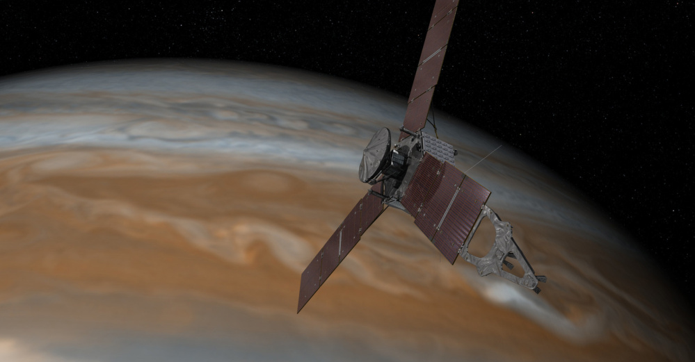 This artist's rendering provided by NASA and JPL-Caltech shows the Juno spacecraft above the planet Jupiter. Five years after its launch from Earth, Juno is scheduled to go into orbit around the gas giant Monday.