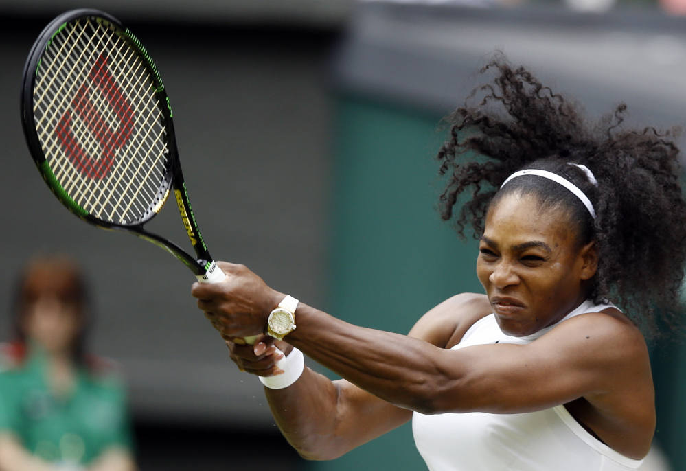 Serena Williams hits a return shot to Svetlana Kuznetsova during their match Monday in London. Williams trailed in the first set but won nine straight games to take the match.