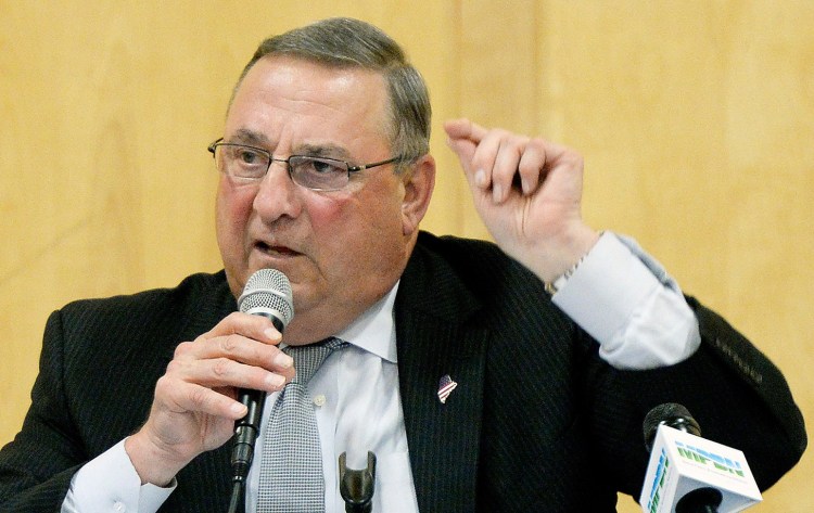 Gov. Paul LePage speaks during a town hall meeting in Boothbay Harbor in July.