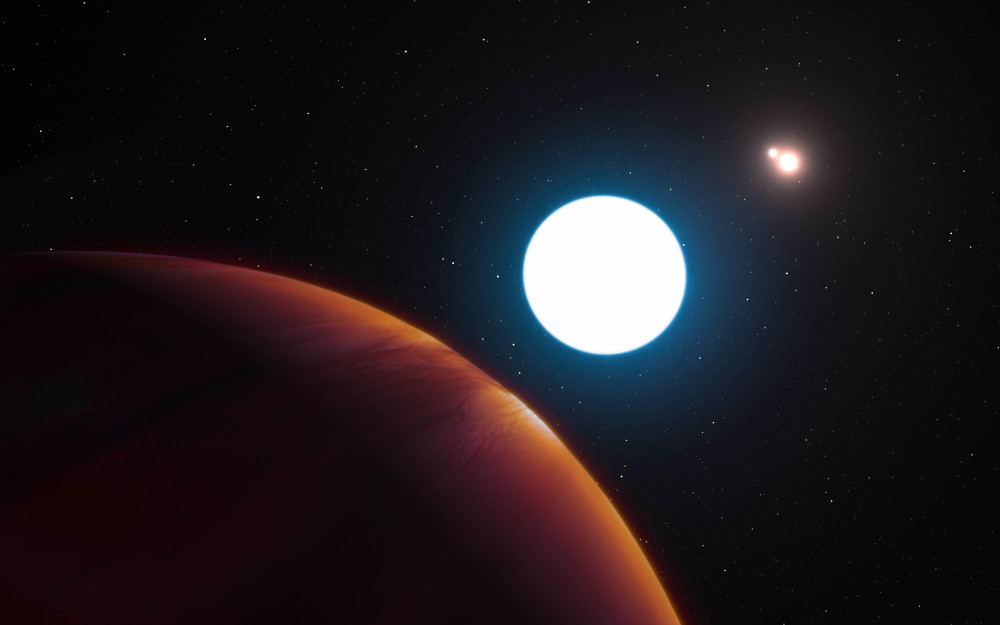 A European Southern Observatory's artist's impression shows planet HD 131399Ab in its triple star system 320 light years away. Astronomers revealed their findings Thursday.