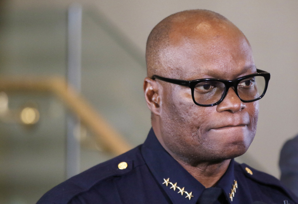 Complaints of excessive force dropped by 64 percent in a five-year period, most of that under Dallas Police Chief David Brown. Brown appears here at a news conference on Friday.