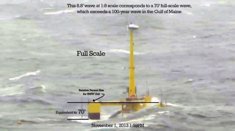 Waves crashing over a 1:8 scale model of the VolturnUS floating wind turbine during a storm on Nov. 1, 2013, would be the equivalent of a 70-foot high surge, if the project was full size, University of Maine researchers have calculated. Their experience with the scale model off Castine has given confidence to predictions that full-scale floating wind turbines could survive a 100-year storm in the Gulf of Maine.