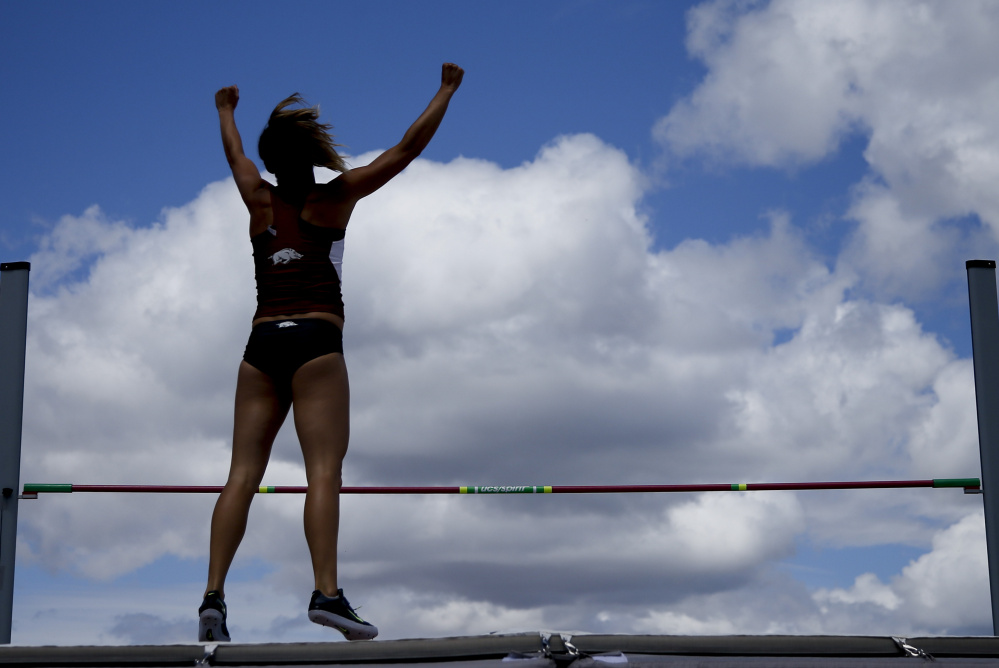 Taliyah Brooks celebrates Saturday during the heptathlon high jump at the U.S. Olympic track and field trials at Eugene, Ore. Brooks was fourth in the high jump and is eighth overall with three events remaining Sunday.
