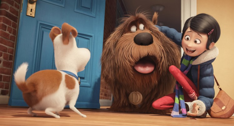 Max, voiced by Louis C.K., Duke, voiced by Eric Stonestreet, and Katie, voiced by Ellie Kemper, in "Secret Life of Pets."