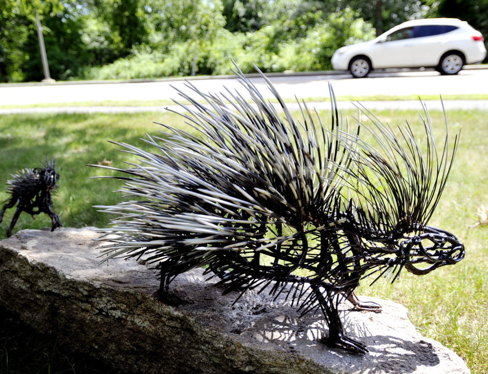 The city investigated a possible tampering incident with this porcupine sculpture by Wendy Klemperer on the access road to the Portland International Jetport. The sculpture replaced a similar piece of art that was stolen from the property in the spring.