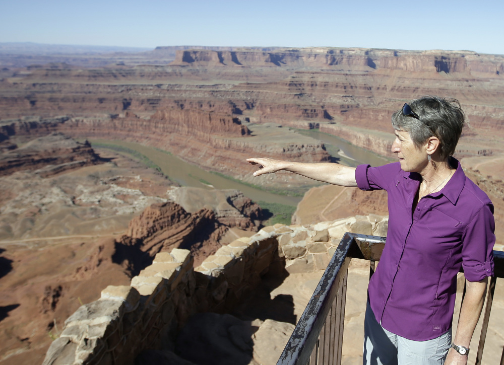 U.S. Interior Secretary Sally Jewell looks out from Dead Horse Point near Moab, Utah, on Thursday. She is meeting this week with proponents and opponents of a national monument.
