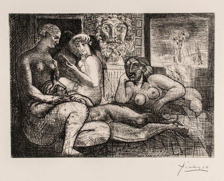 Pablo Picasso, "Quatre Femmes Nues et Tête Sculptée" ("Four Nude Women and a Sculpted Head"), 1934 etching.