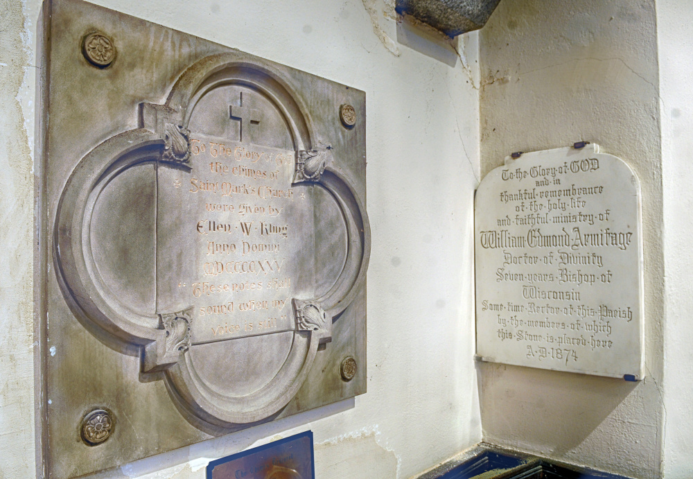 There are many memorial plaques in St. Mark's Episcopal Church in Augusta, which is for sale.