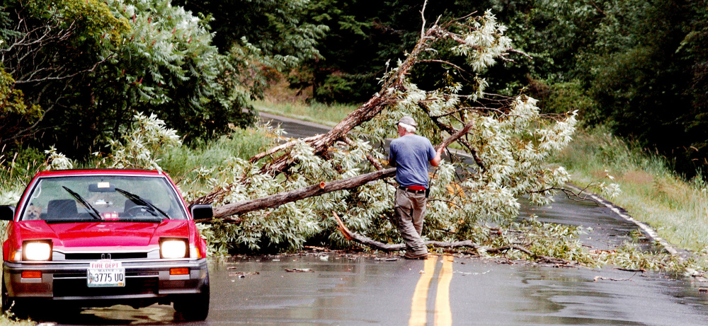 Starks Fire Chief Bill Pressey drags broken limbs from a tree from Route 134 after a storm with strong winds, rain and lightning passed through Somerset County on Monday.