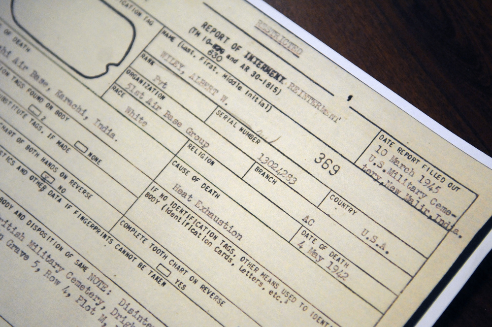 An interment report about Albert Walter Wiley, on file at the Smith-Wiley American Legion Post in Gardiner, states that he died of heat exhaustion. The post has raised money to pay for Wiley's remains to be moved to Maine.