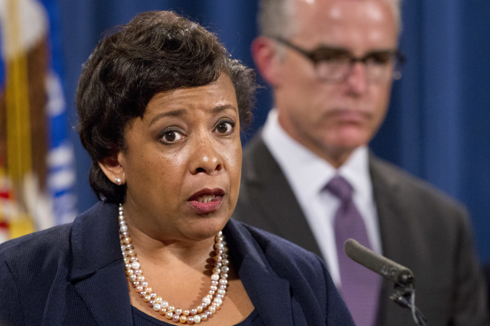 Attorney General Loretta Lynch speaks at a Wednesday news conference in Washington. Laundered money even helped pay for a Hollywood film, "The Wolf of Wall Street."