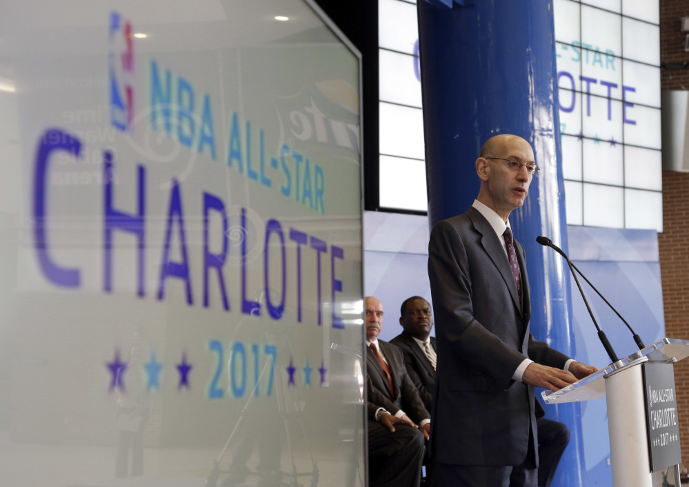 NBA Commissioner Adam Silver speaks at a news conference in June 2015 to announce Charlotte, N.C., as the site of the 2017 All-Star game. The league said Thursday that it is moving the game out of Charlotte because of North Carolina's law limiting anti-discrimination protection for lesbian, gay and transgender people