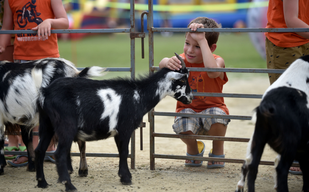 Nathan Cochran, 8, pets a goat at the petting zoo during Oakfest near Williams Elementary School in Oakland on Saturday.