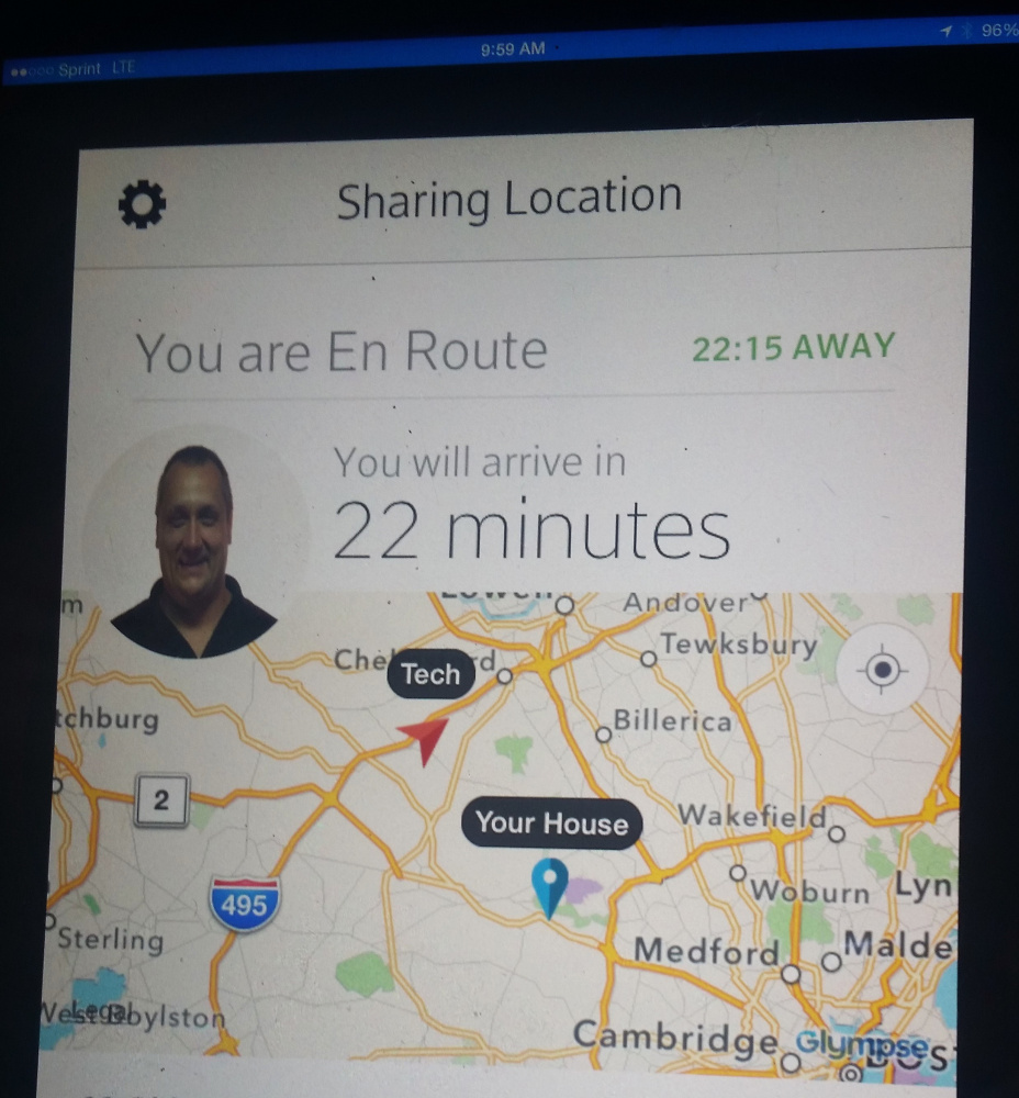An app in the truck of Comcast technician John Buote shows the route to a customer's house in Lincoln, Mass. A customer can use a mobile app to also see where the technician is.
