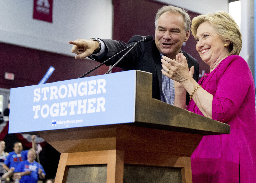 Hillary Clinton and Tim Kaine at Temple University in Philadelphia in July.
