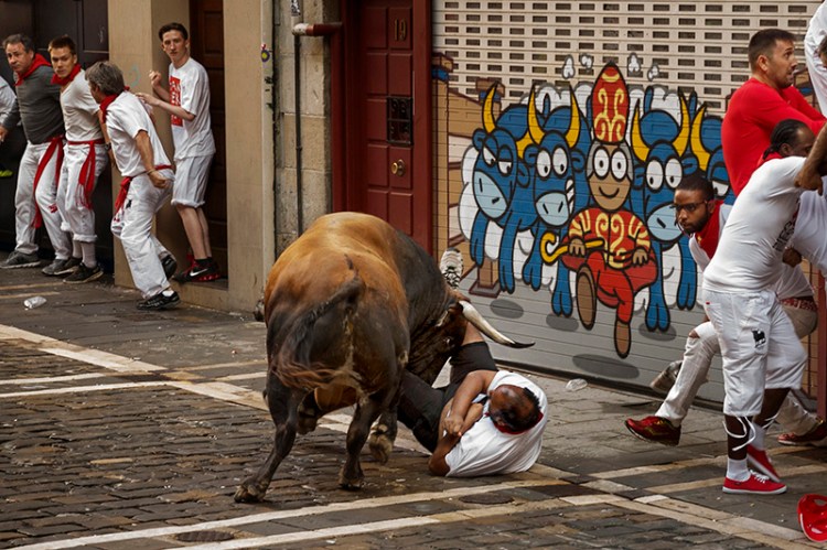 A reveler is gored by a fighting bull during the running of the bulls in Pamplona, Spain on Friday.