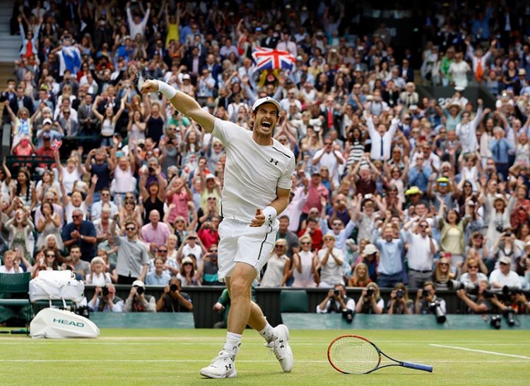 Andy Murray of Britain celebrates after defeating Milos Raonic of Canada.