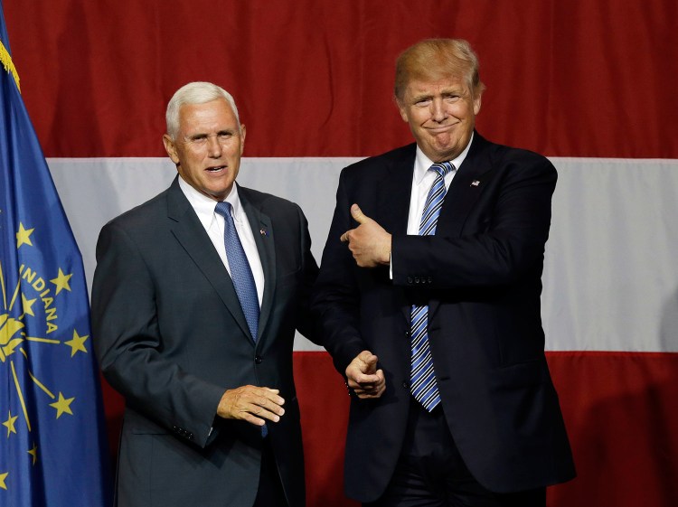 Indiana Gov. Mike Pence joins Republican presidential candidate Donald Trump at a rally in Westfield, Indiana, on July 14, 2016.