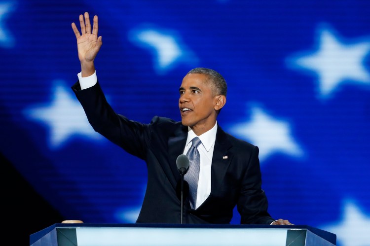 President Barack Obama waves speech on behalf of Hillary Clinton at the Democratic National Convention was a momentous experience for Maine delegate Trevor Doiron, a 17-year-old from Jay, who says, "I was so proud to be in the arena to see that historic moment." 