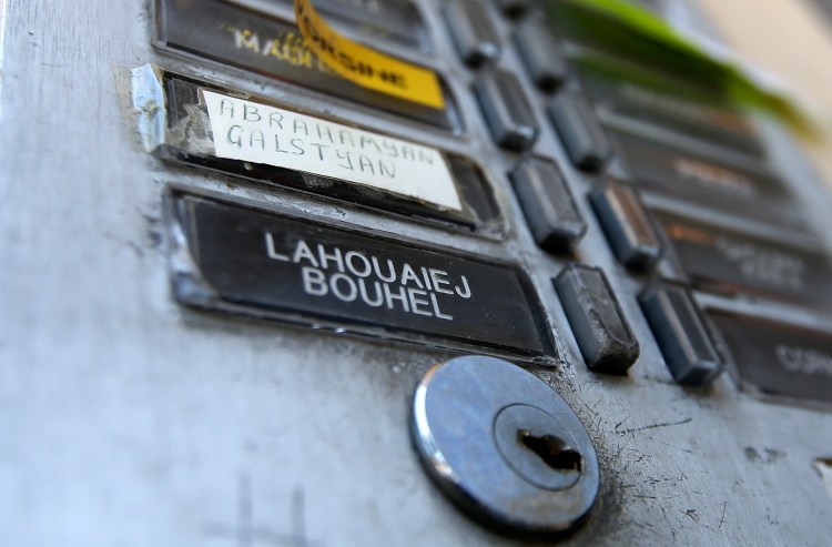 An intercom plate shows the name of Mohamed Lahouaiej Bouhlel outside the building where he lived in Nice, France, on Saturday.