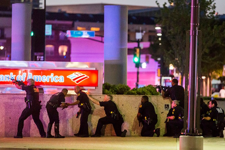 Dallas police respond after shots were fired Thursday at the protest in downtown Dallas. The attack was the deadliest on U.S. police since 9/11.