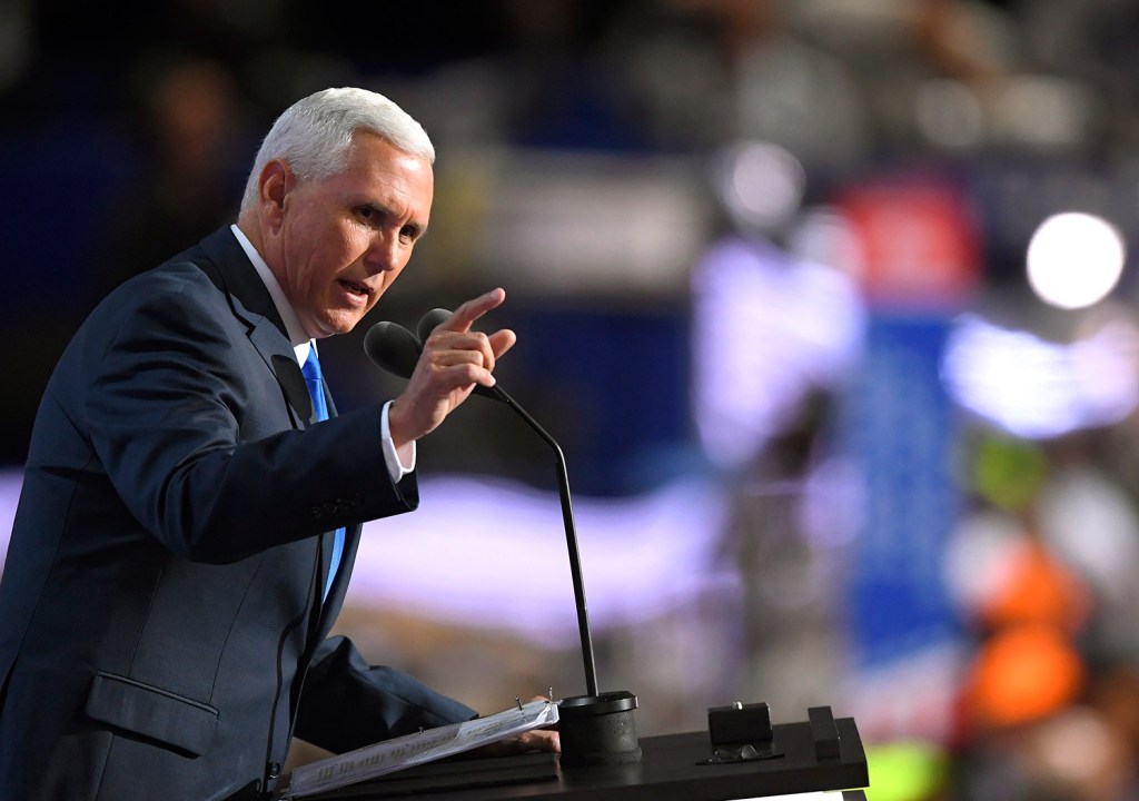 Republican vice presidential candidate Mike Pence of Indiana gives his convention speech at the Republican Convention on July 20. Mark J. Terrill/Associated Press/