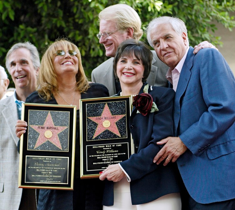 Actors from left, Henry Winkler, Penny Marshall, Ed Begley, Cindy Williams and Garry Marshall pose in this 2004 file photo.   Garry Marshall died Tuesday at the age of 81.    Associated Press/Damian Dovarganes