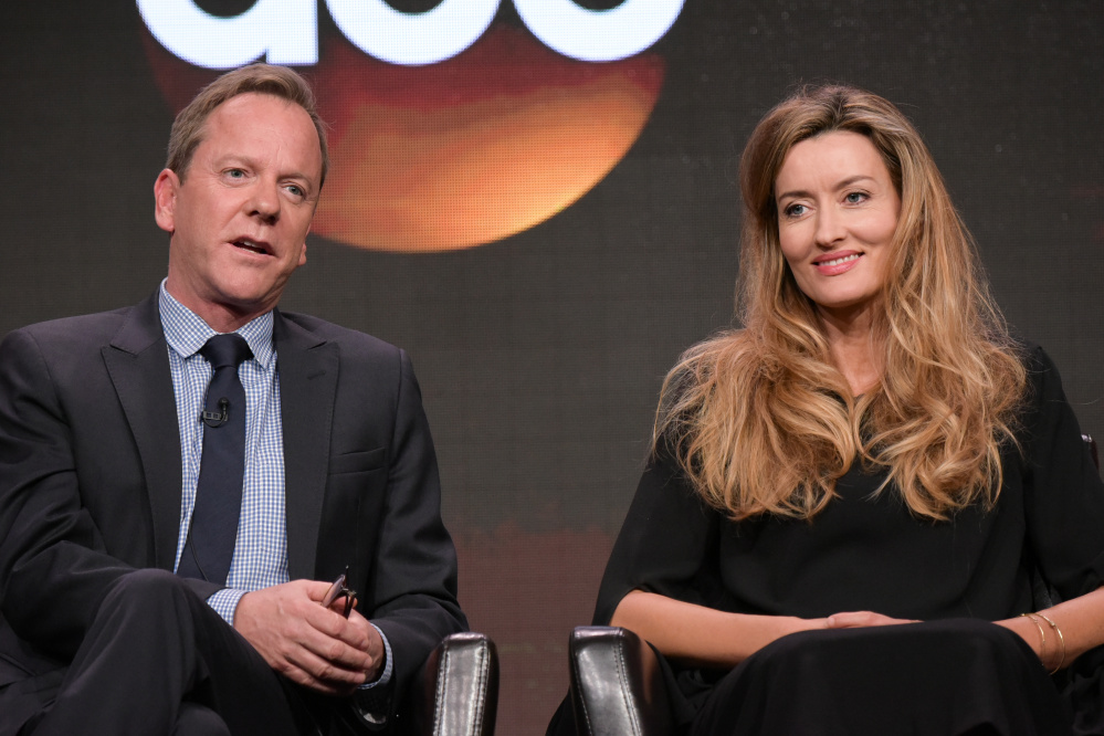 Kiefer Sutherland, left, and Natascha McElhone participate in the "Designated Survivor" panel during the Disney/ABC Television Critics Association summer press tour on Thursday, Aug. 4, 2016, in Beverly Hills, Calif. (Photo by Richard Shotwell/Invision/AP)