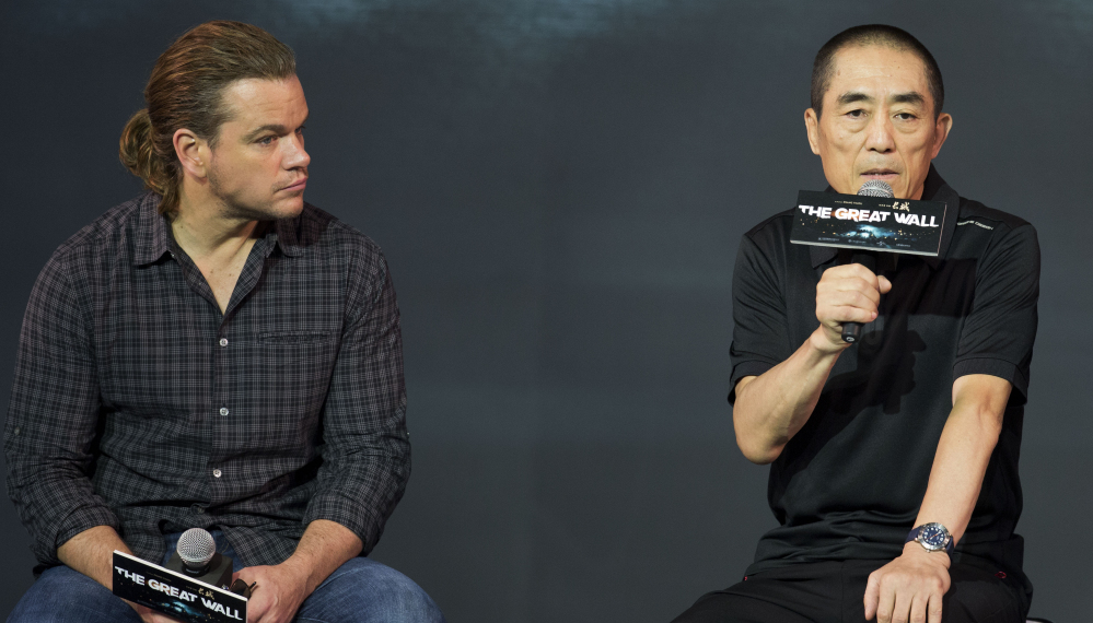 "The Great Wall" director Zhang Yimou, right, and actor Matt Damon attend a news conference July 2 in Beijing.