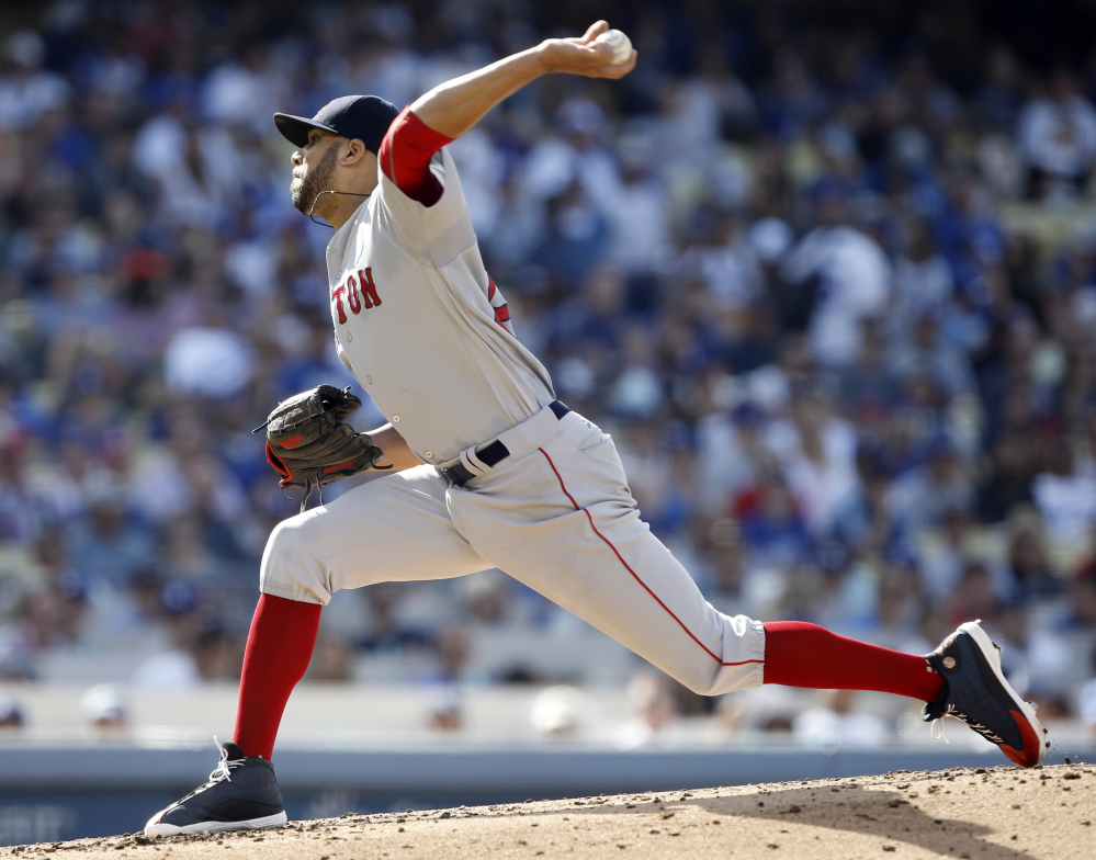 Red Sox starting pitcher David Price allowed six runs in five innings and Boston lost to the Dodgers 8-5 on Sunday in Los Angeles.
Associated Press/Alex Gallardo